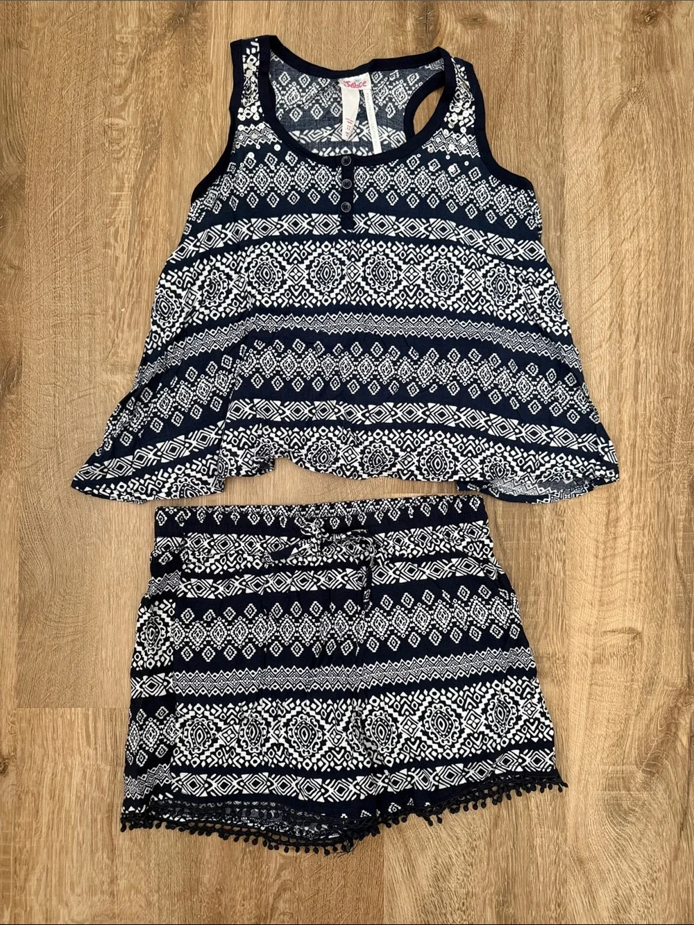 Justice Girl’s Navy Blue & White Tribal  Print Tank and Shorts Set, Size 12